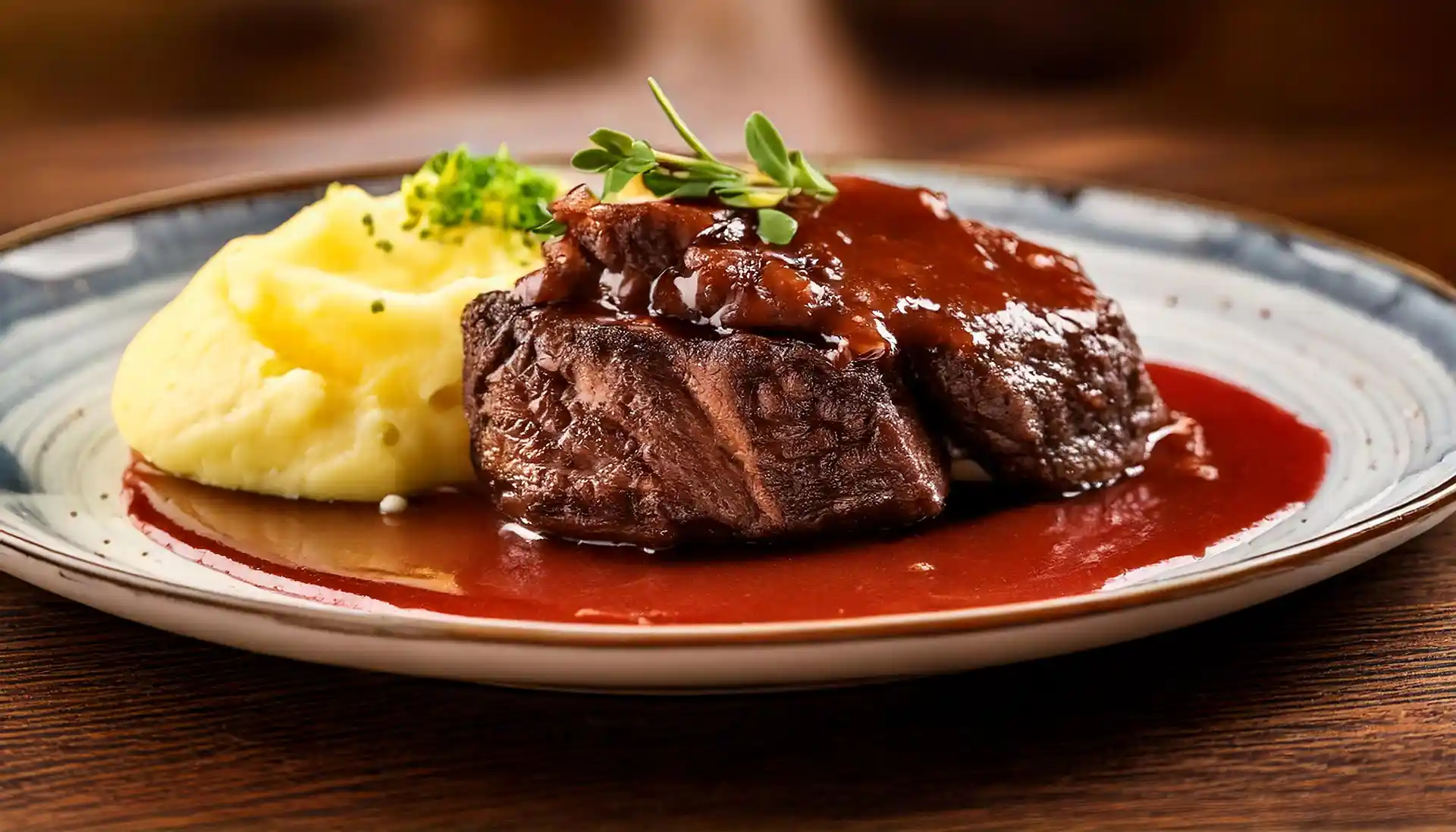 Plate of beef cheek braised in red wine with caramelized edges, served over mashed potatoes, under warm lighting.