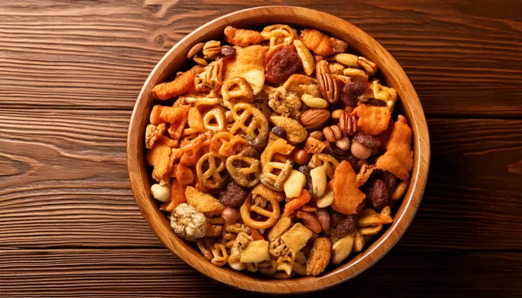 Bowl of homemade mix with different cereal shapes, pretzels, and nuts.