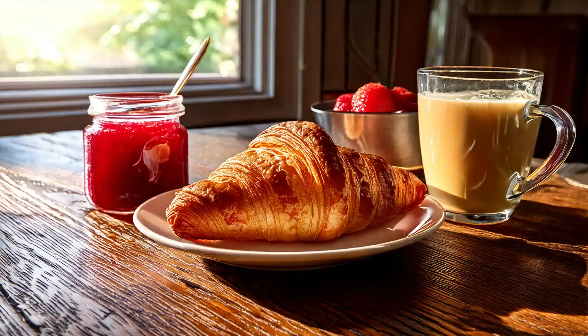 Traditional French breakfast with croissant, café au lait, and jam on a rustic wooden table