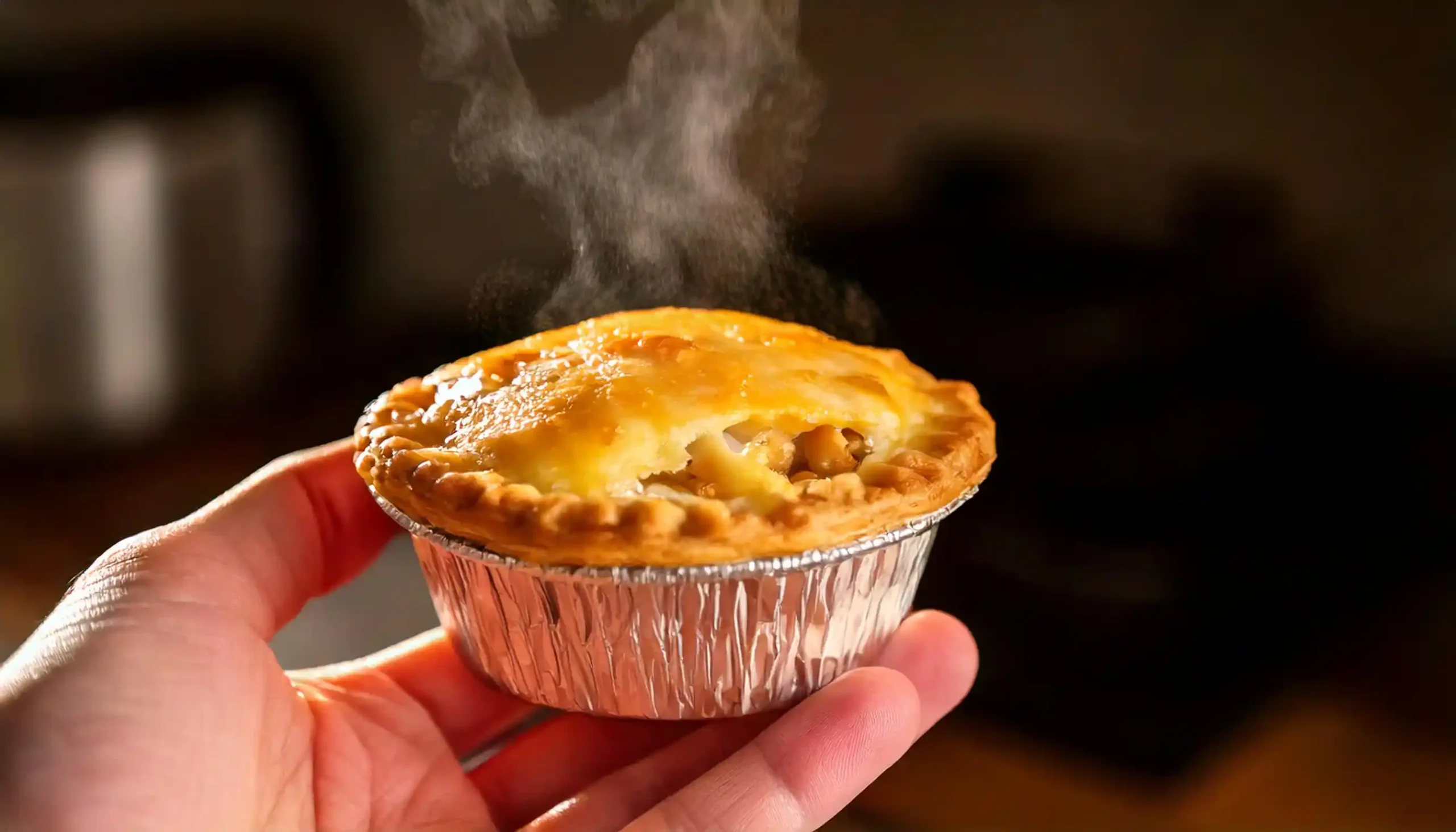 Freshly baked mini chicken pot pies with golden crust and creamy filling on a rustic wooden table.