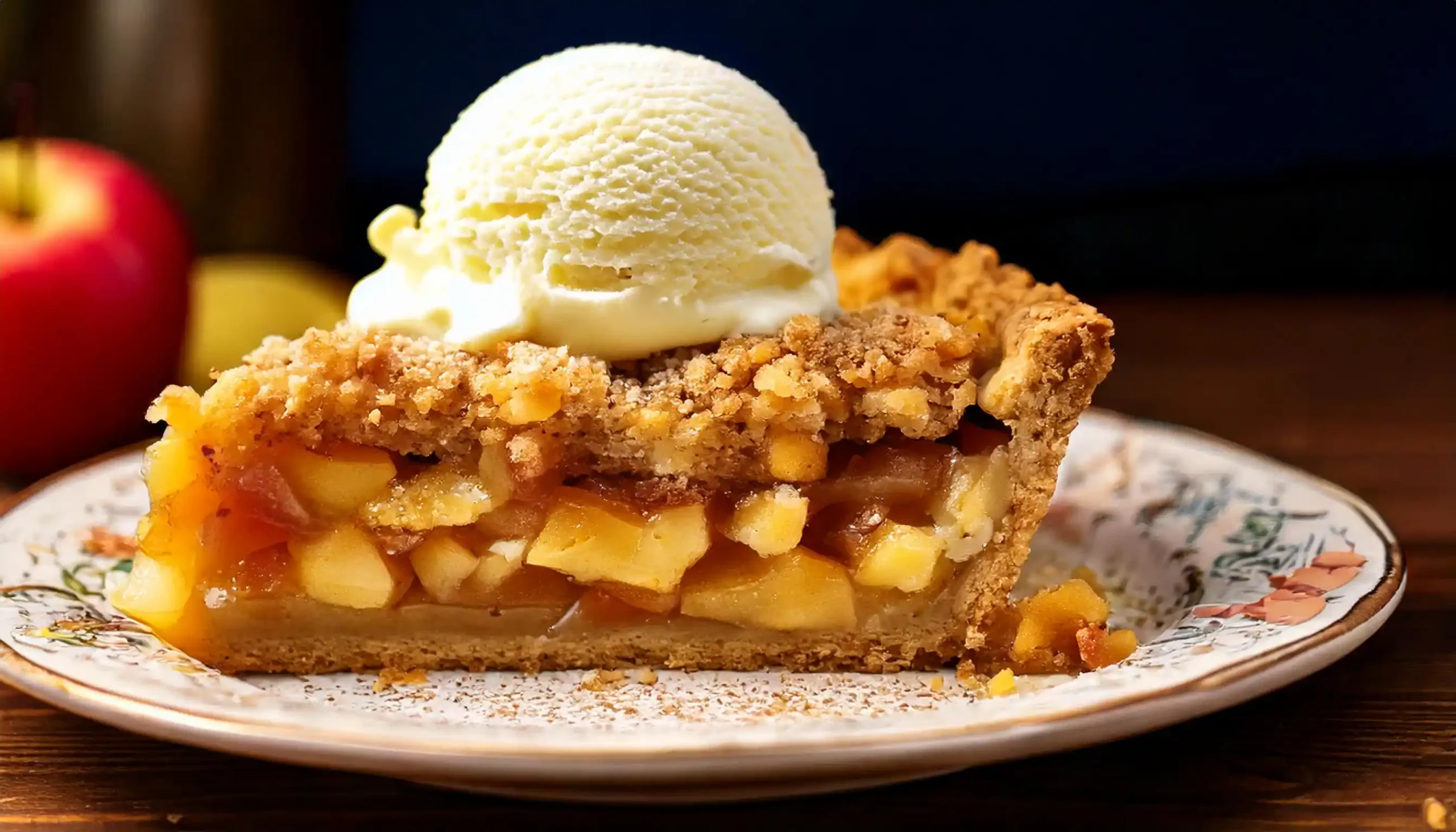 Freshly baked French apple pie with golden crust and caramelized apple filling