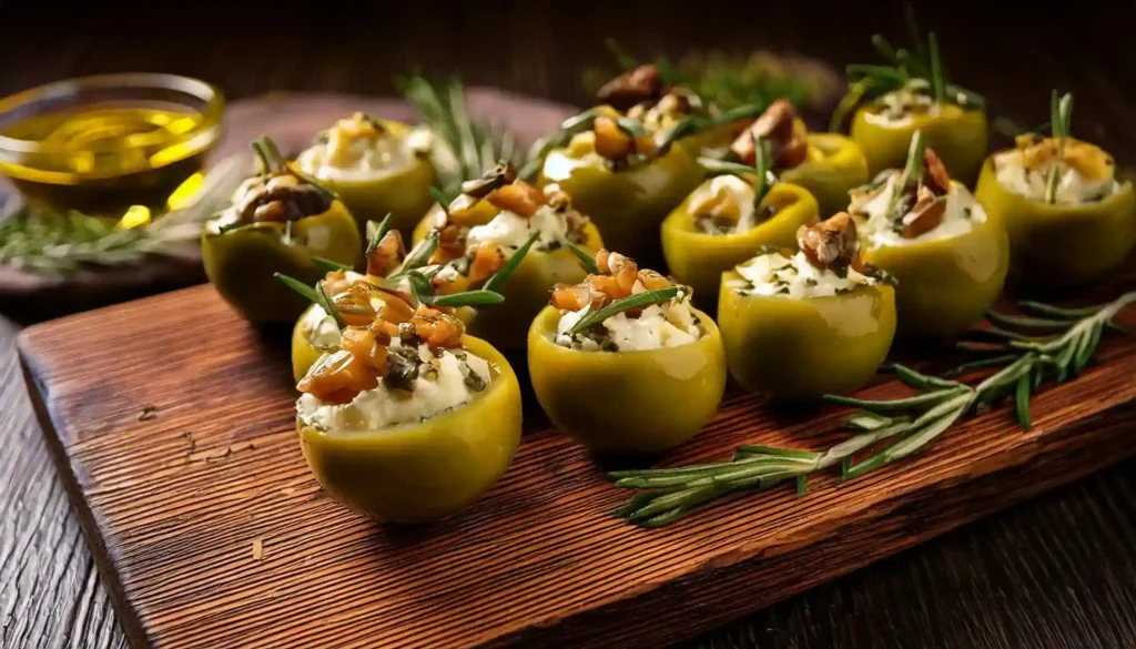 Assorted stuffed olives with herbs, cheese, and nuts on a rustic serving platter.