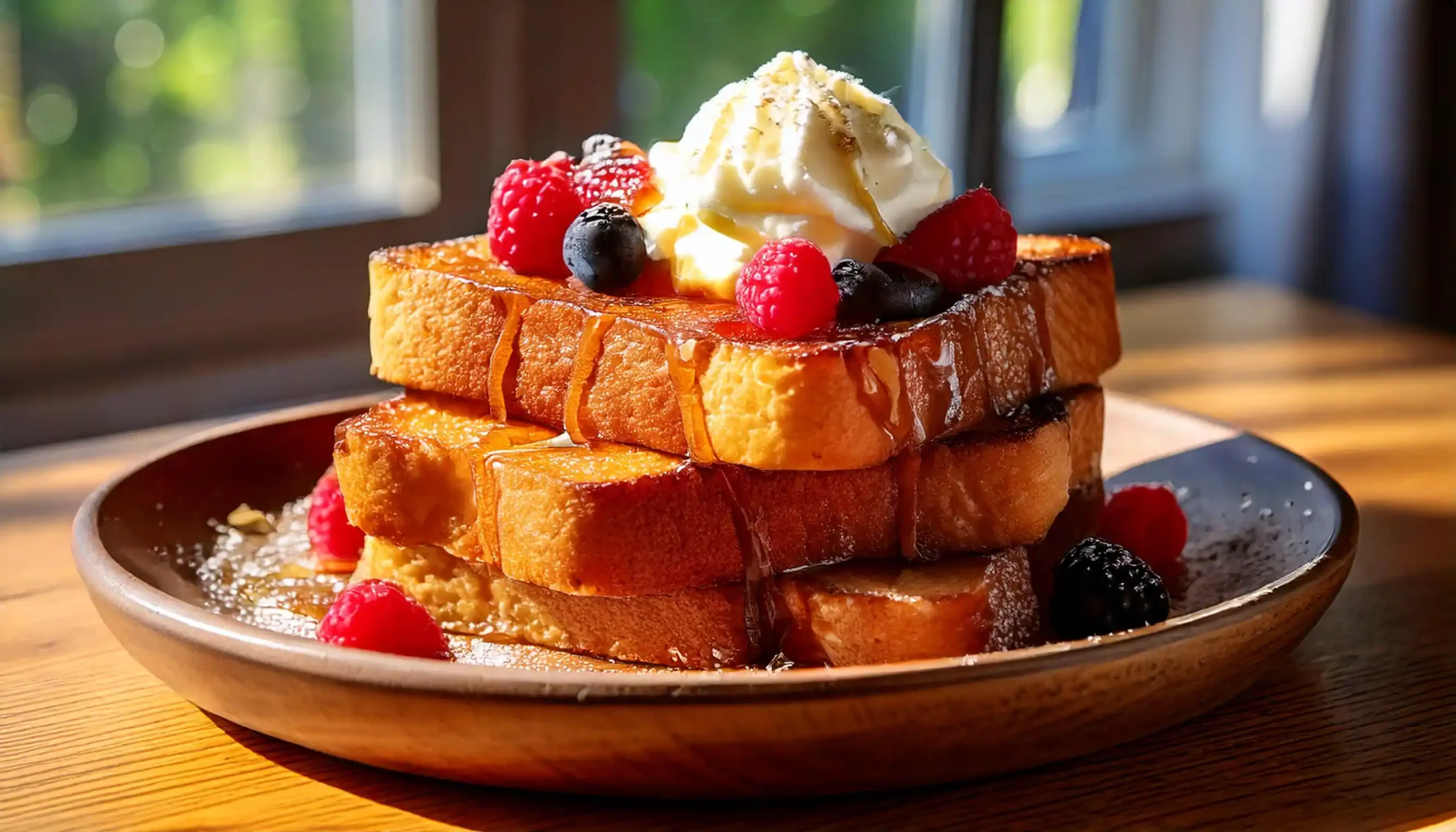 Golden sourdough French toast topped with syrup, berries, and whipped cream on a wooden plate.