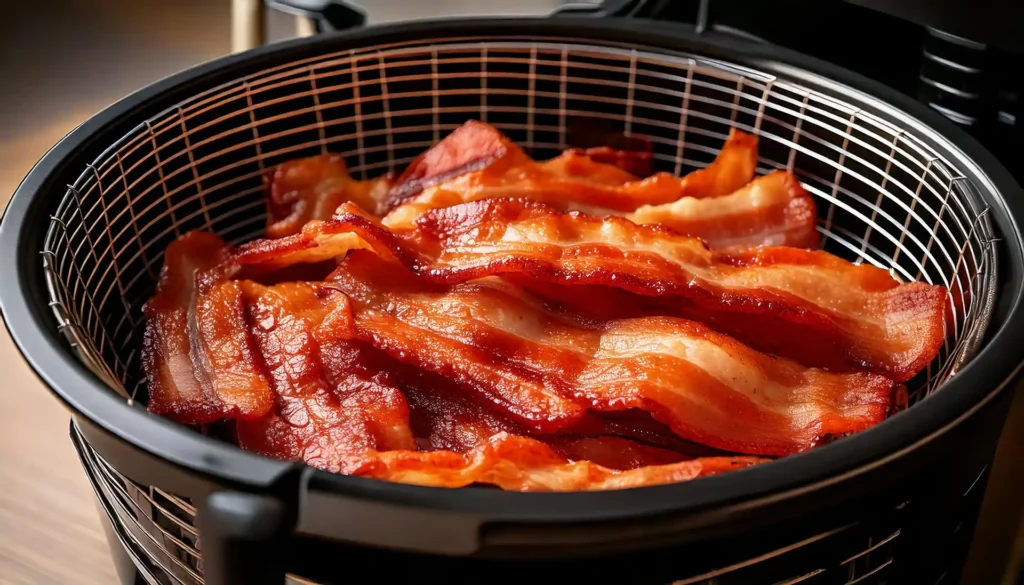 Crispy turkey bacon cooked in an air fryer served on a plate.