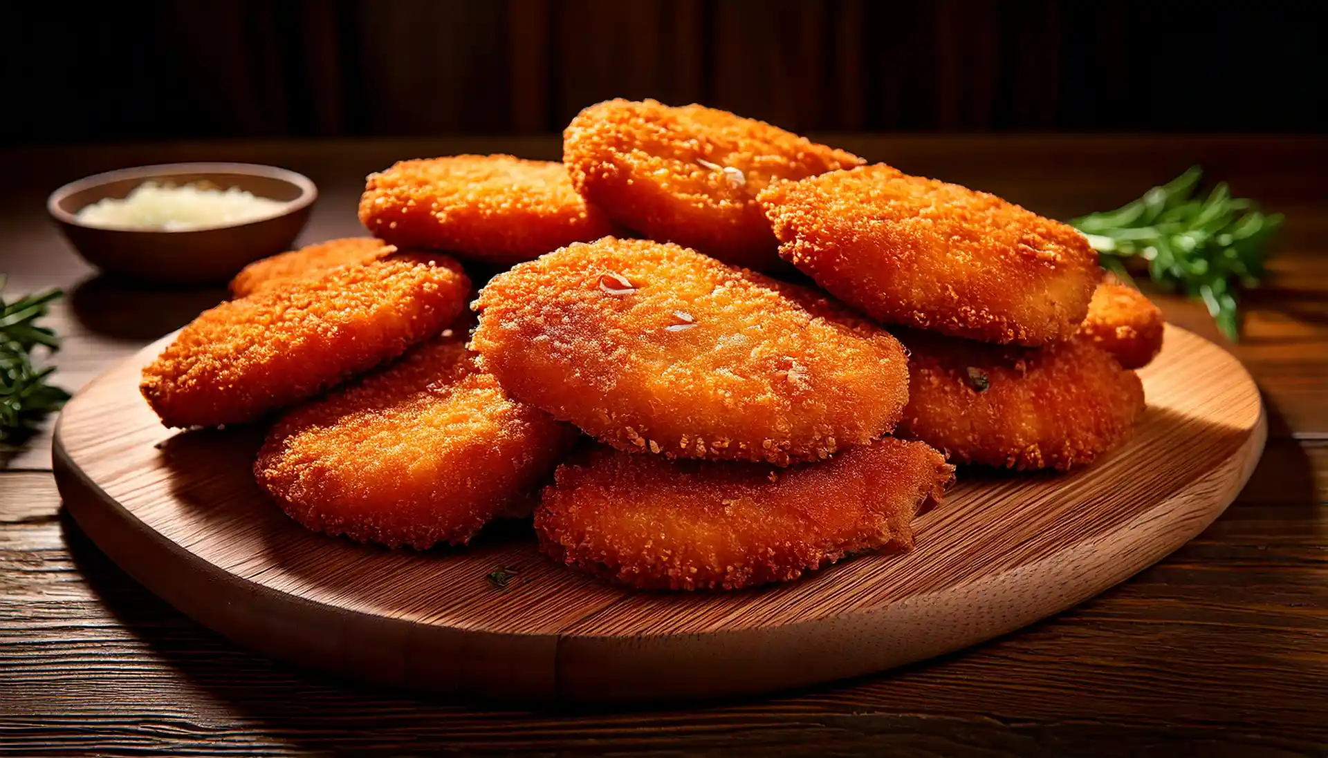 Golden-brown baked chicken cutlet with crispy breadcrumbs, served on a white ceramic plate.