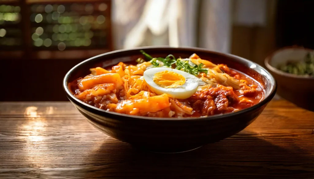 An overhead view of a bowl of on a light brown surface, showcasing its ingredients.