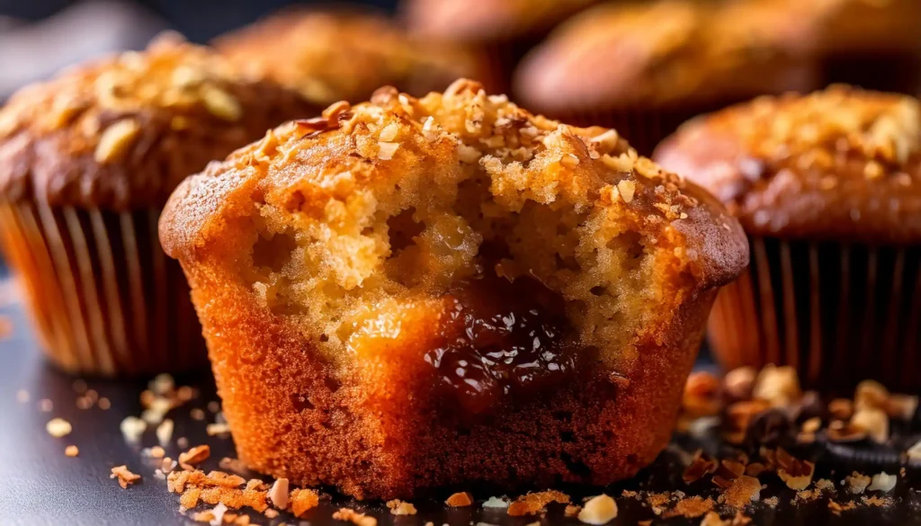 Freshly baked coffee cake muffins with a cinnamon streusel topping on a rustic wooden table