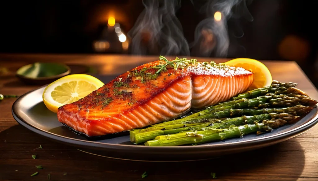 Fresh Faroe Island salmon fillet on a wooden cutting board with herbs and lemon slices.