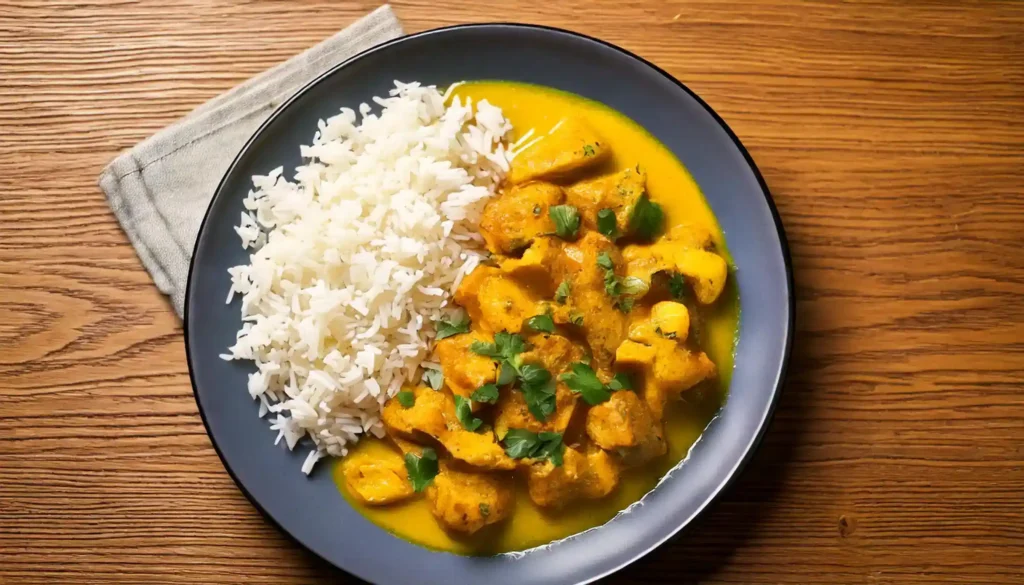 Overhead shot of churu chicken amarillo and rice.