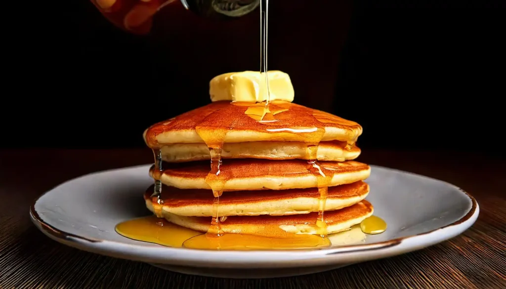 Stack of blueberry pancakes with syrup.