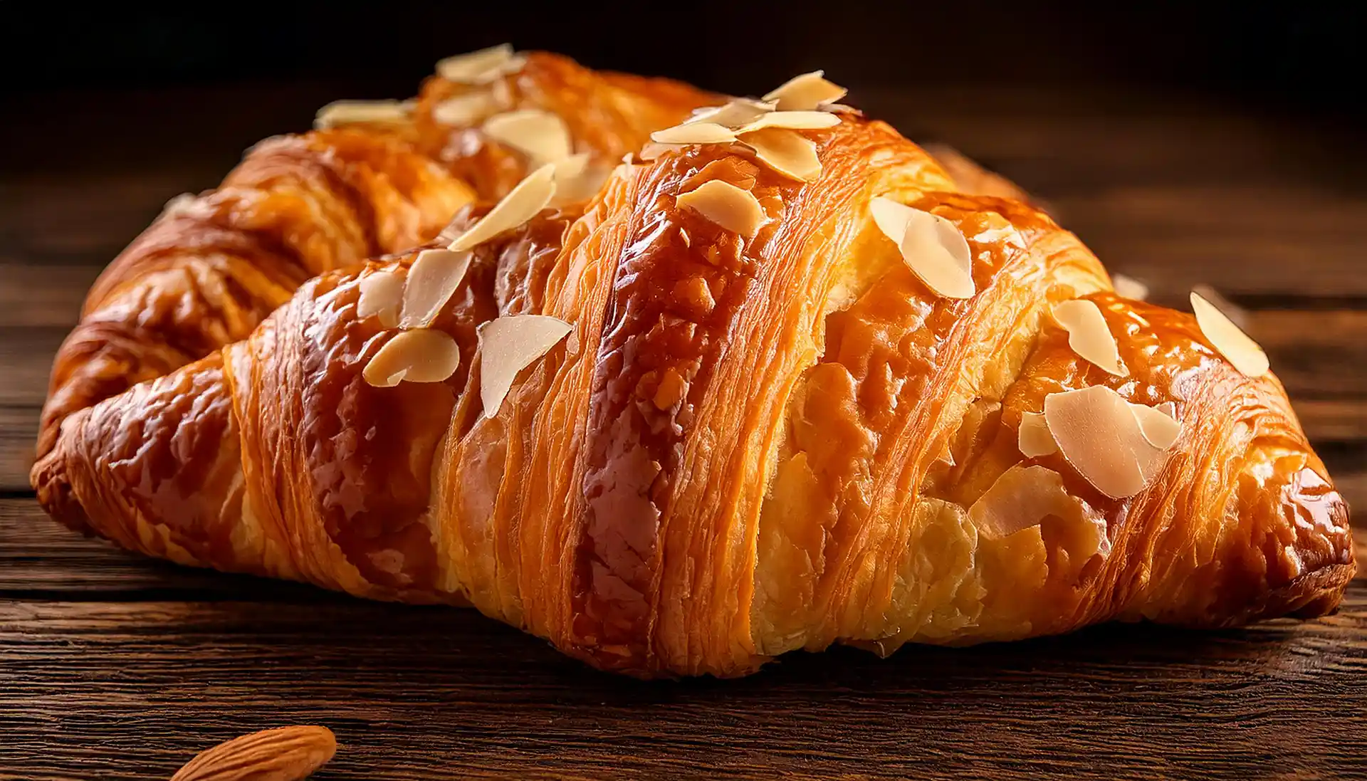 Freshly baked almond croissants on a rustic wooden table with almond cream filling.