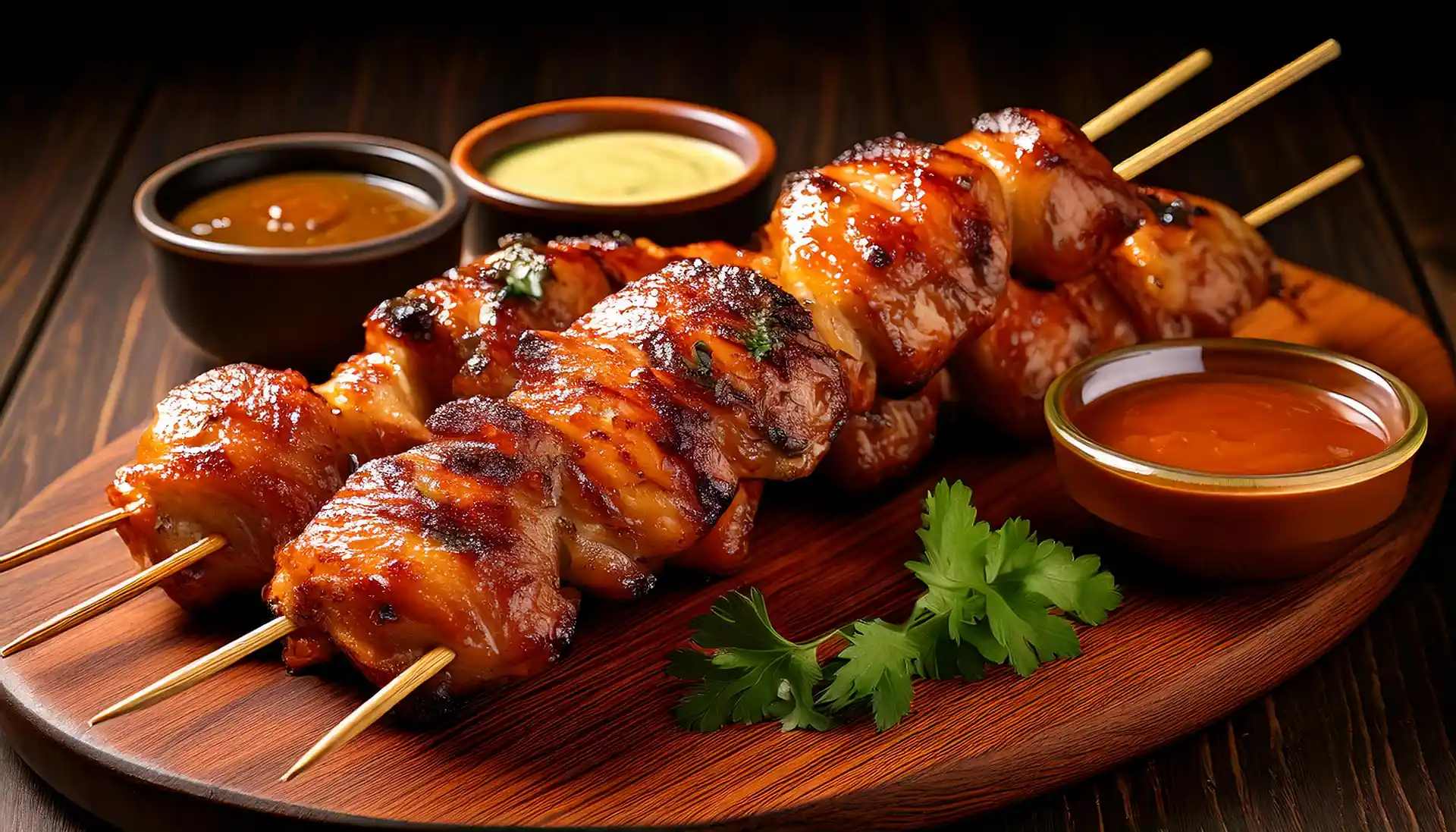 Grilled chicken on a stick with dipping sauces and side dishes