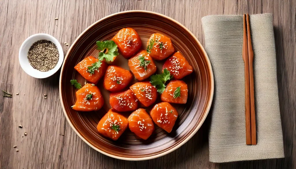 Golden-brown salmon bites served with lemon wedges and dipping sauce on a rustic plate