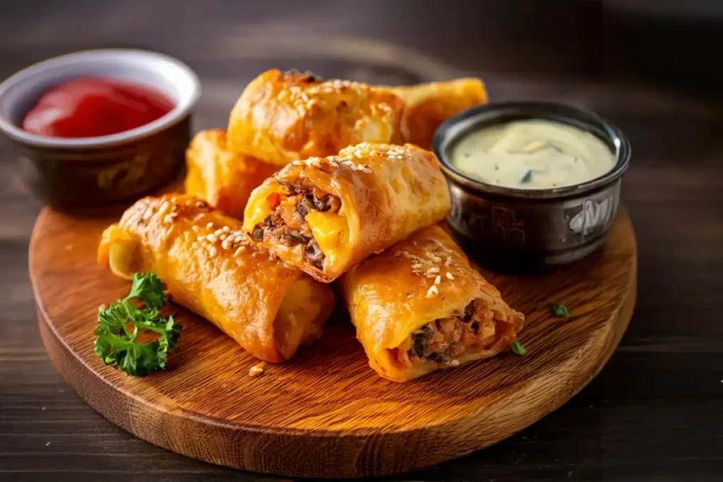 Golden crispy Philly cheesesteak egg rolls with dipping sauce on a platter.