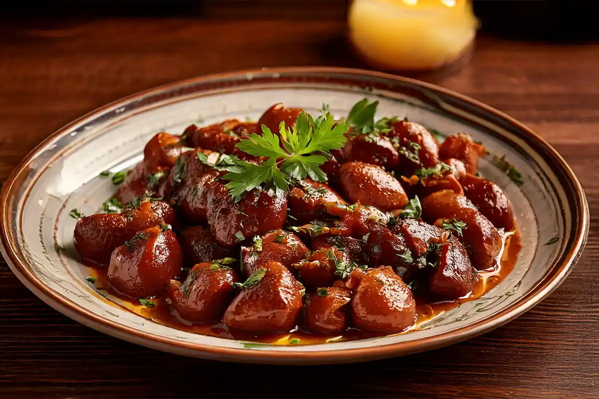 A plate of delicious, cooked chicken hearts garnished with fresh parsley.