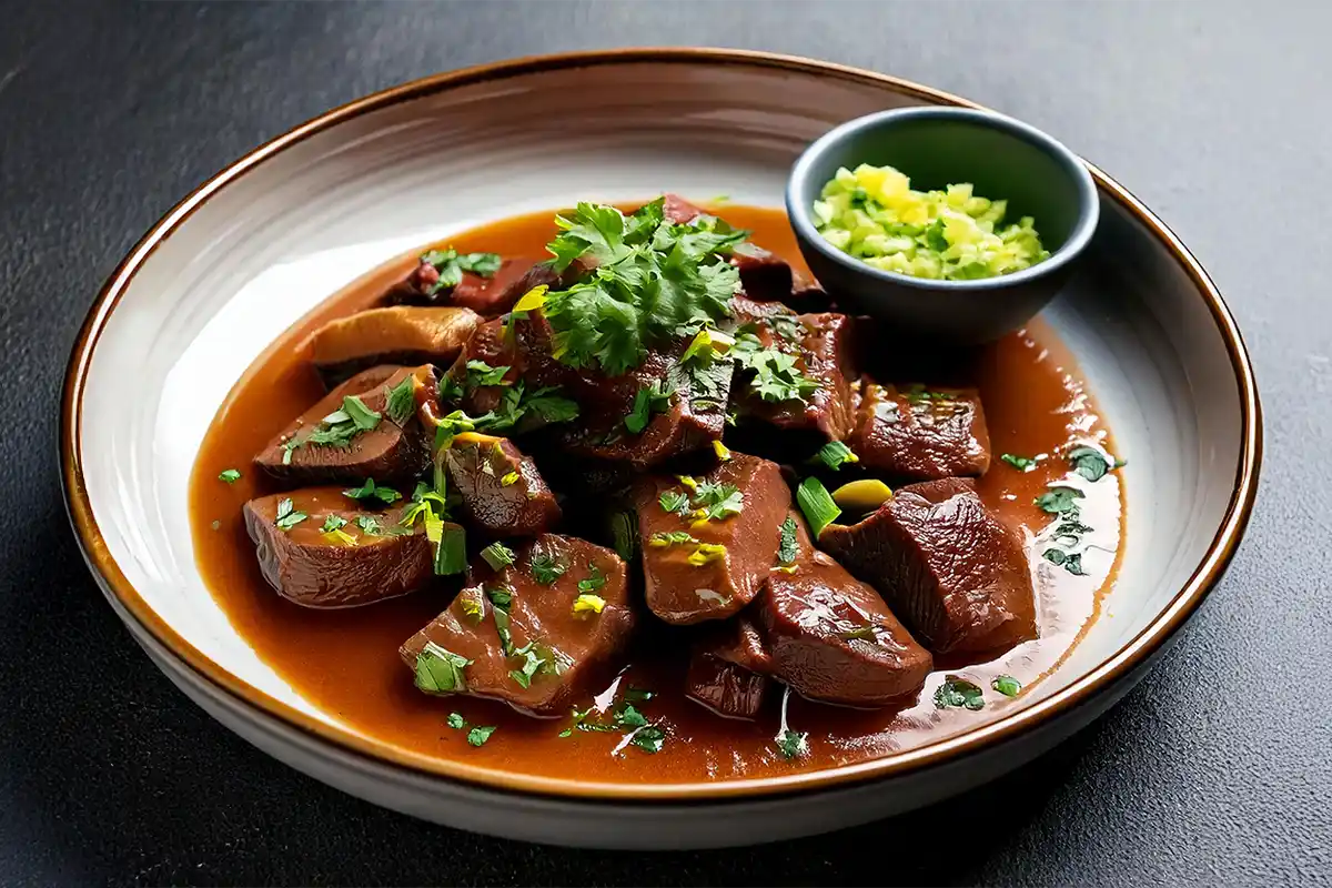 Hearty beef heart stew with visible vegetables