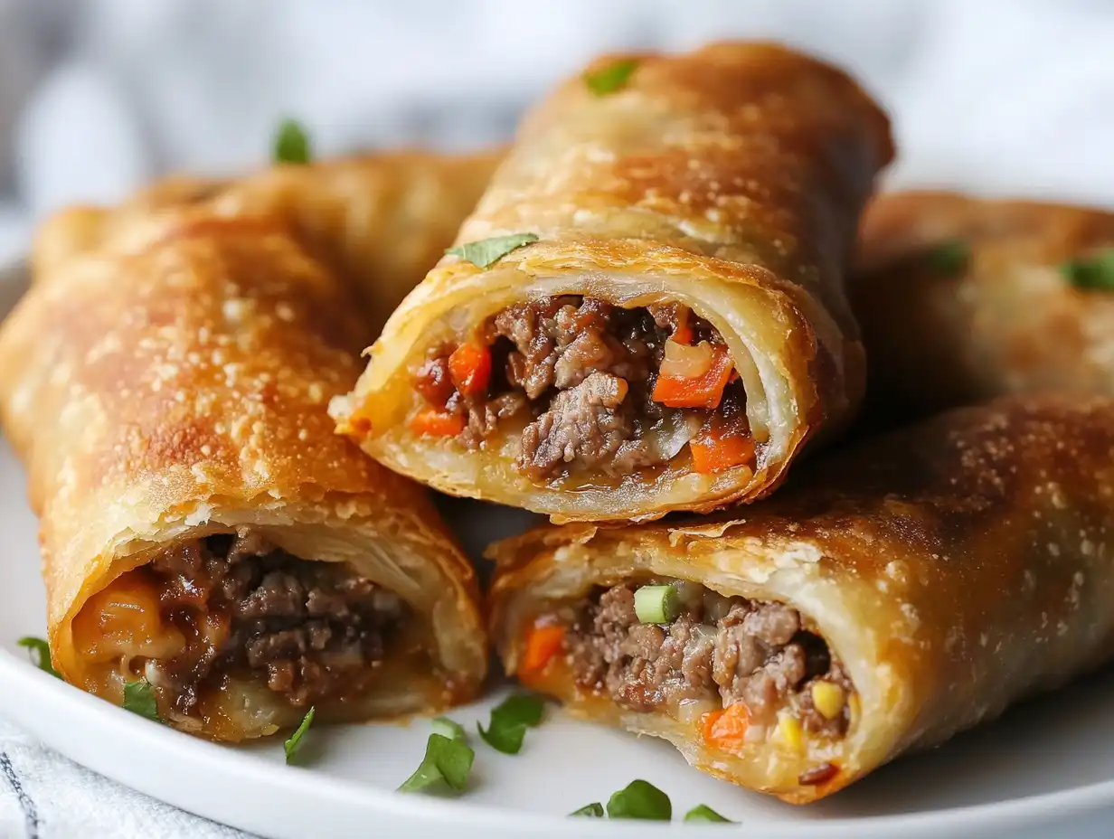 Golden crispy Philly cheesesteak egg rolls with dipping sauce on a platter.