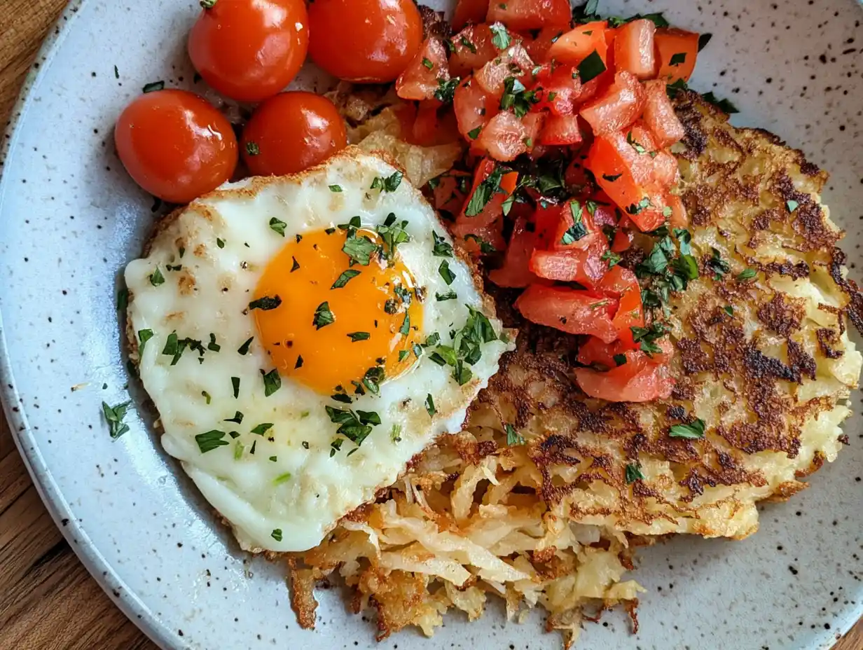 Crispy golden hashbrown patties served with ketchup and sour cream