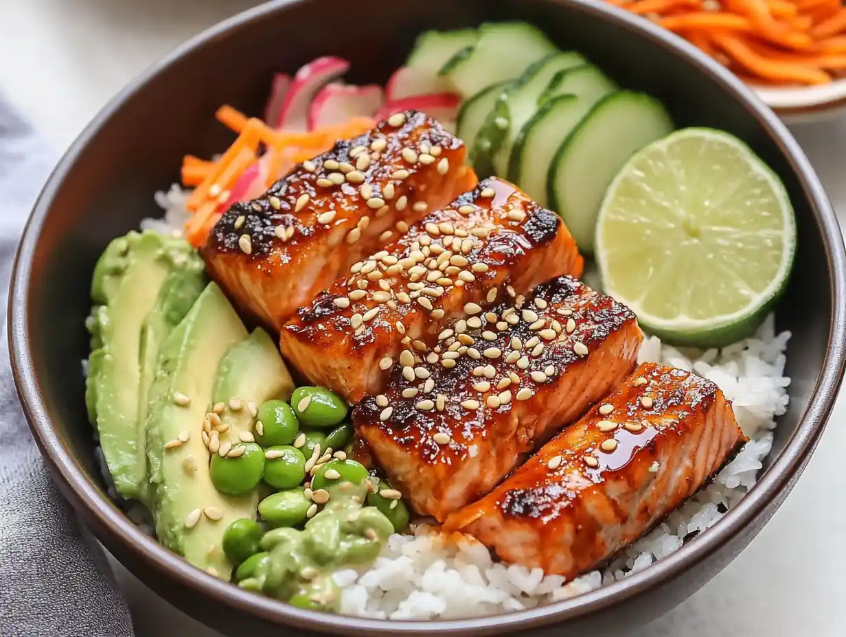 Delicious salmon bowls with grilled salmon, rice, and fresh vegetables.