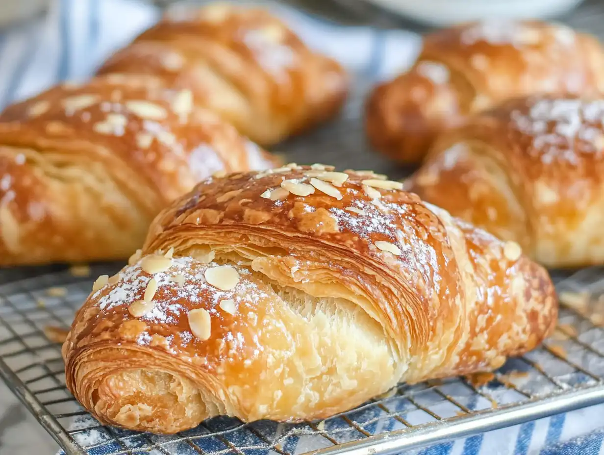 Freshly baked almond croissants on a rustic wooden table with almond cream filling.