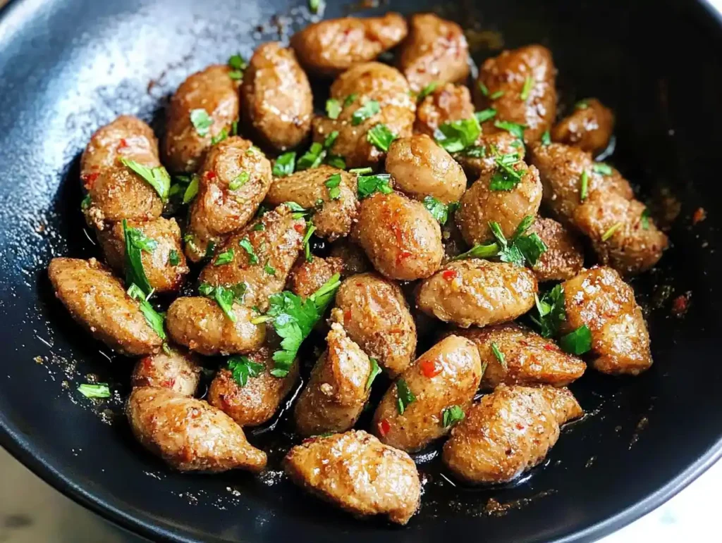 A plate of delicious, cooked chicken hearts garnished with fresh parsley.