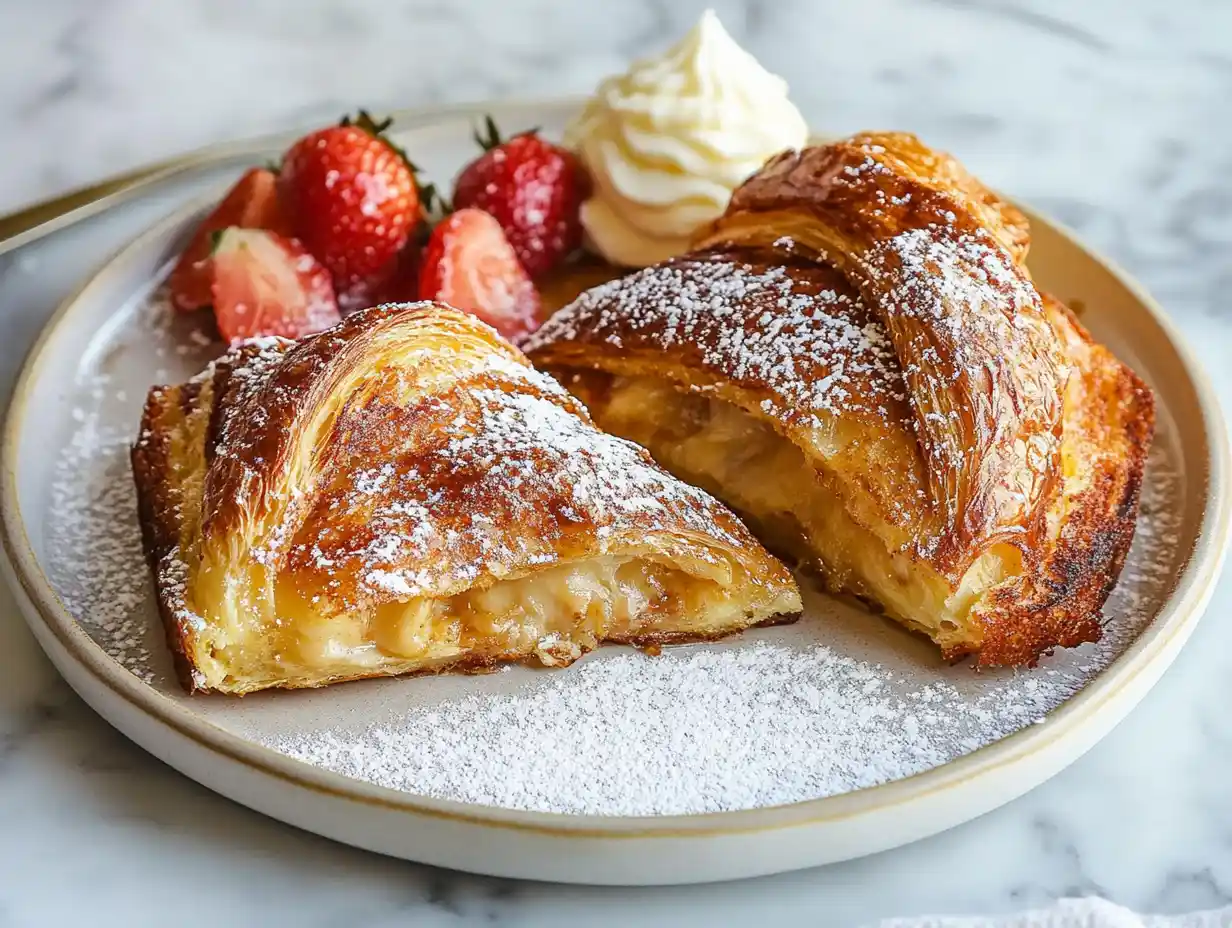 Golden croissant French toast slices cooking in a skillet with a crispy, golden crust.