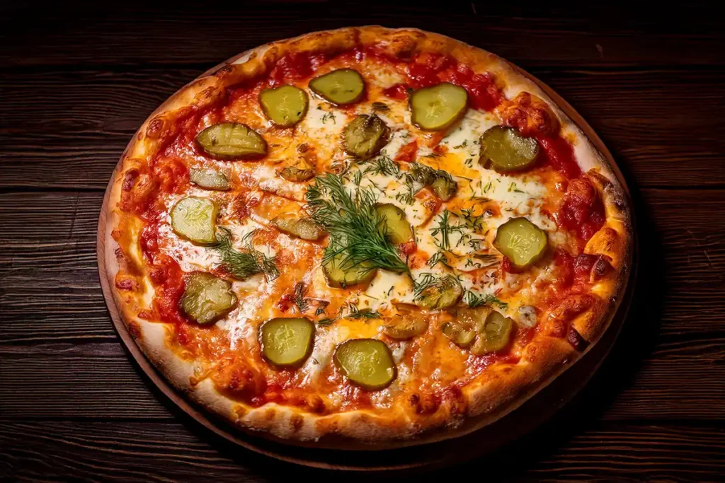 A whole pickle pie pizza with dill pickles and melted cheese.