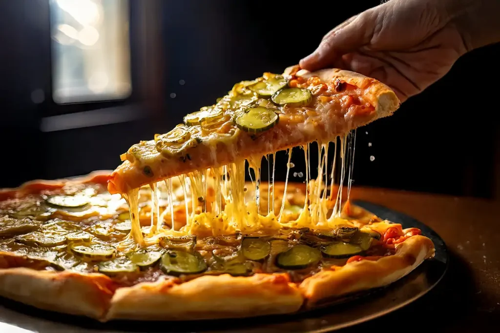 Close-up of a slice of pickle pie pizza, showing its layers.