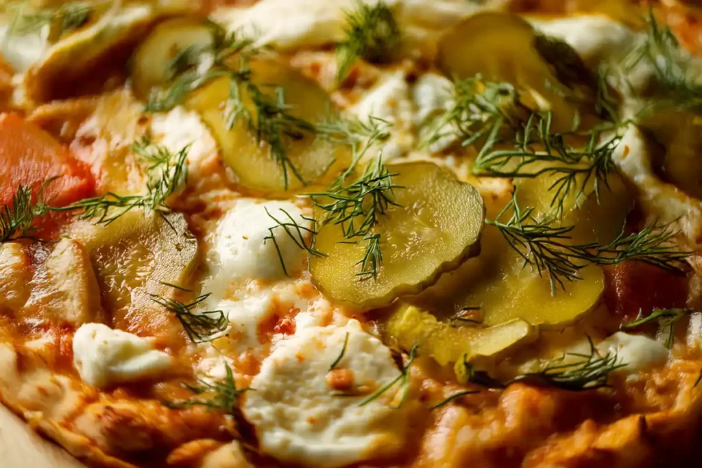 A close-up view of the pickle, cheese, and dill toppings on the pizza.