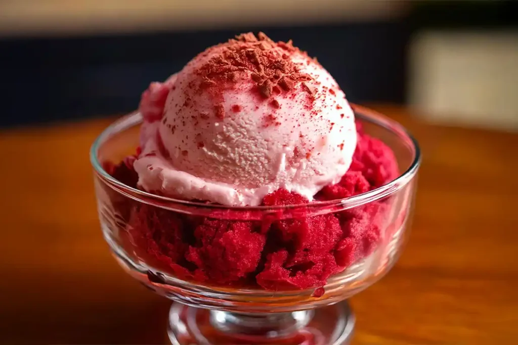 Red velvet cake ice cream in a glass bowl