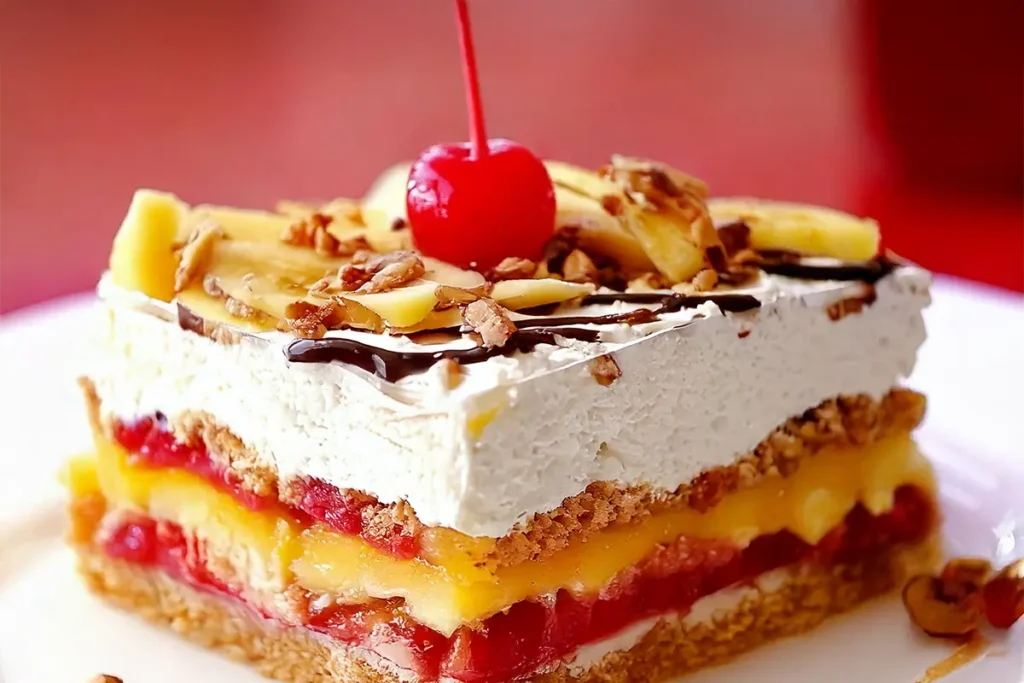 Banana split cake with layers and toppings