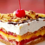 Banana split cake with layers and toppings