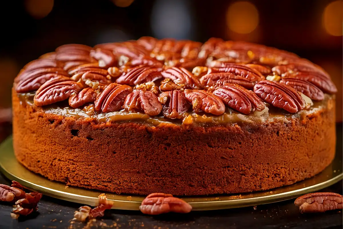 Pecan pie cake with pecan topping