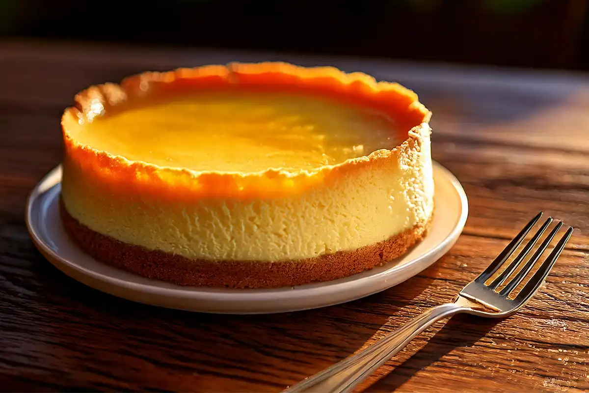 Is cheesecake better baked or not baked? Baked cheesecake on a wooden table