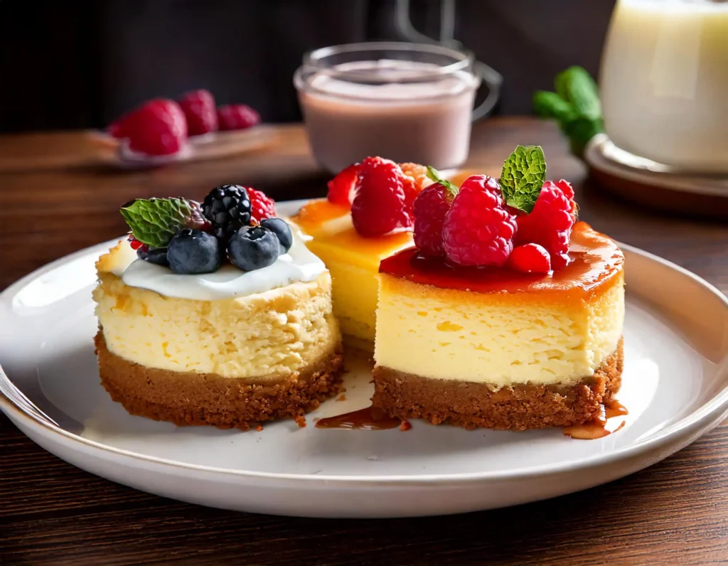 Is Sour Cream or Yogurt Better for Cheesecake? Cheesecake slices topped with sour cream and yogurt for comparison