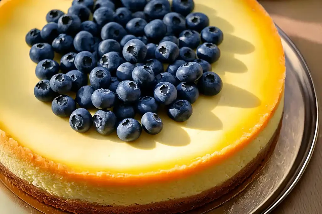 Lemon blueberry cheesecake with fresh blueberries on top.