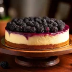 A freshly baked blackberry cheesecake on a wooden stand