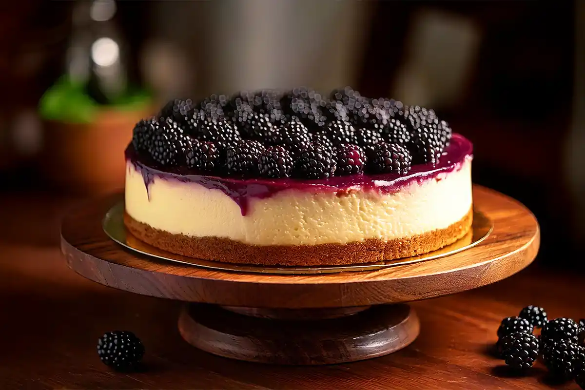 A freshly baked blackberry cheesecake on a wooden stand