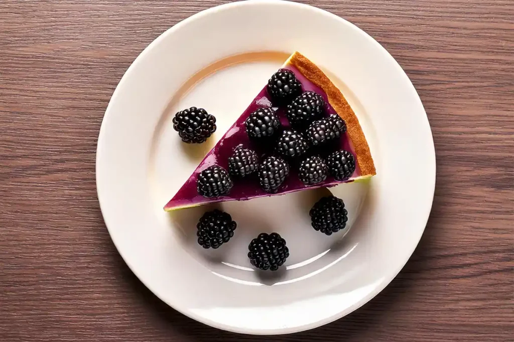 Slice of blackberry cheesecake on white plate