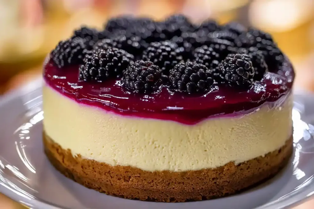 Close up of blackberry cheesecake with nutritional info