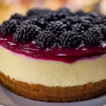 Close up of blackberry cheesecake with nutritional info