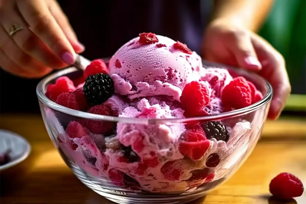 Folding black raspberries into ice cream base