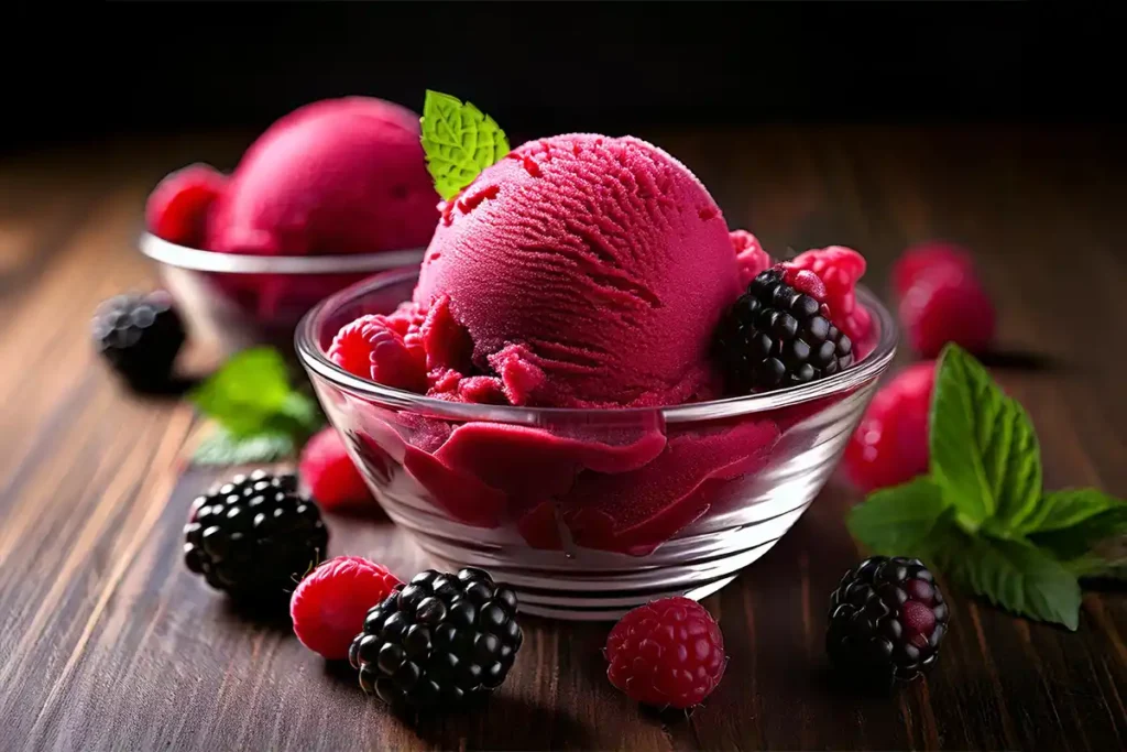 A scoop of black raspberry ice cream with fresh berries