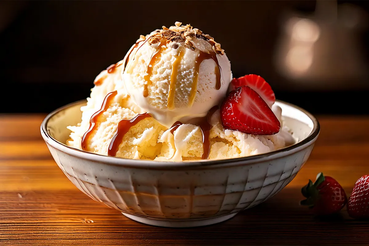 Strawberry Vanilla Bean Ice Cream in a bowl