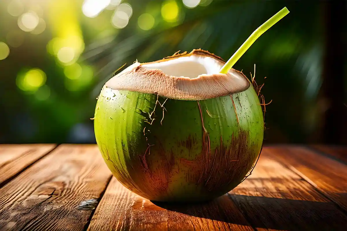 Fresh coconut water on a table