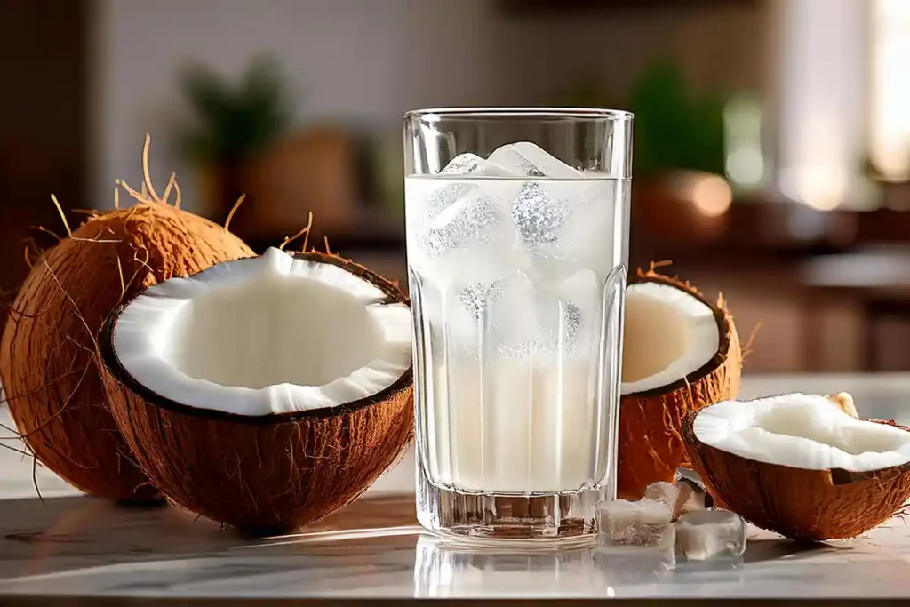 Is coconut water good for you? Glass of coconut water with fresh coconuts