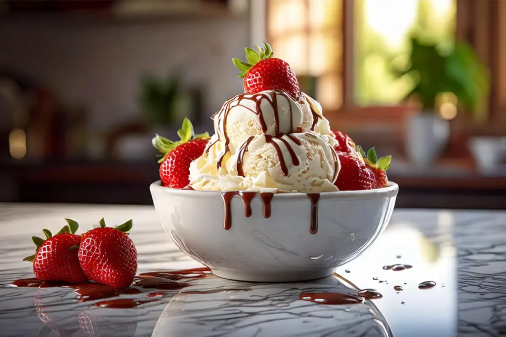 What Are the 9 Common Desserts, Vanilla ice cream with strawberries